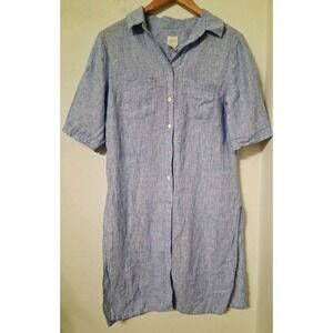 Chico's 100% Linen Button Front Shirt Dress Blue Collared Pockets Size 0 P PS